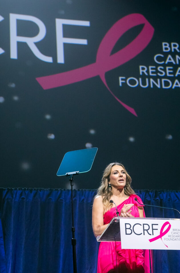 A woman speaks at a podium bearing the breast cancer research foundation logo at a charitable event organized by an event planning company.