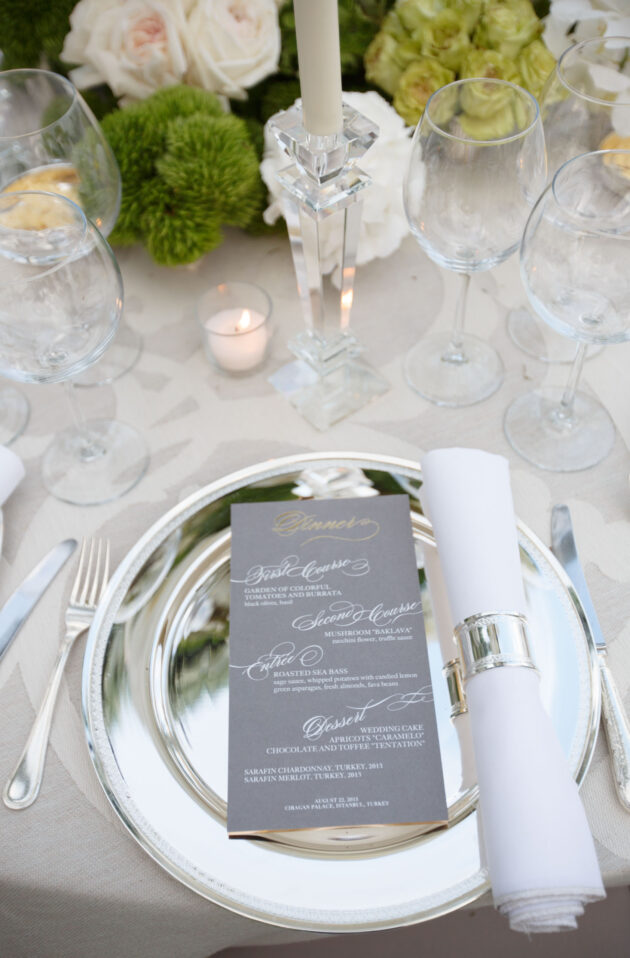 Elegant table setting for a formal event planned by an event planning company, with menu cards, silverware, and floral centerpiece.