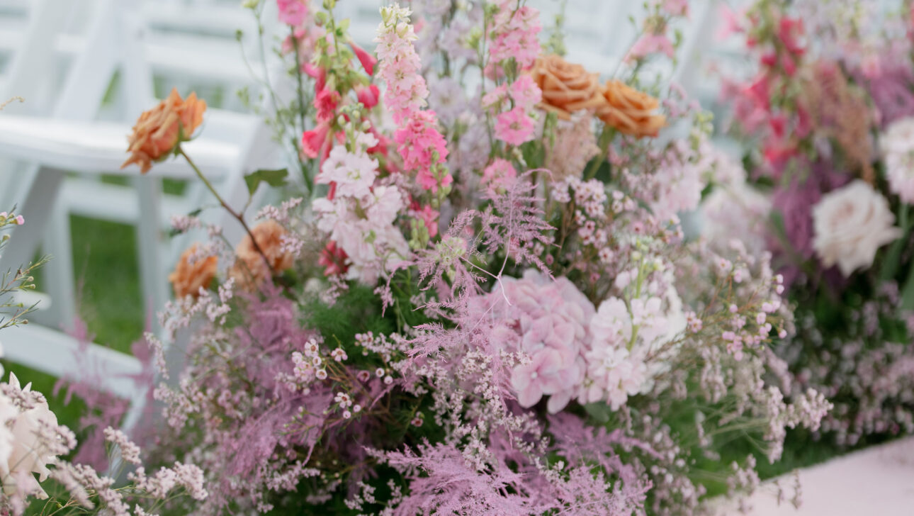 Martha's Vineyard Destination Wedding Ceremony Decor. Pink, white and purple florals. Designed by  JWennes Events.