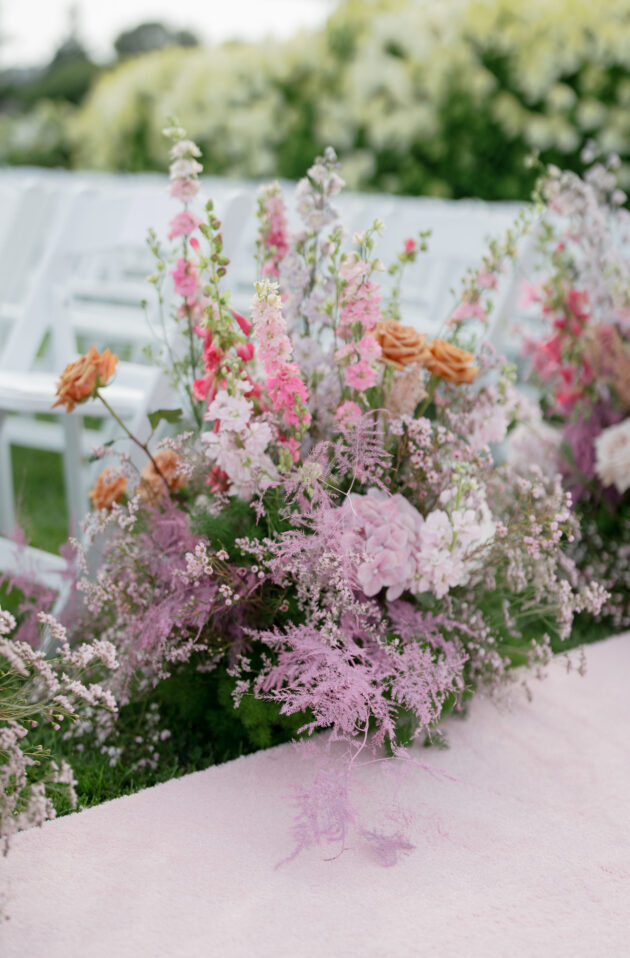 Martha's Vineyard Destination Wedding Ceremony Decor. Pink, white and purple florals. Designed by  JWennes Events.