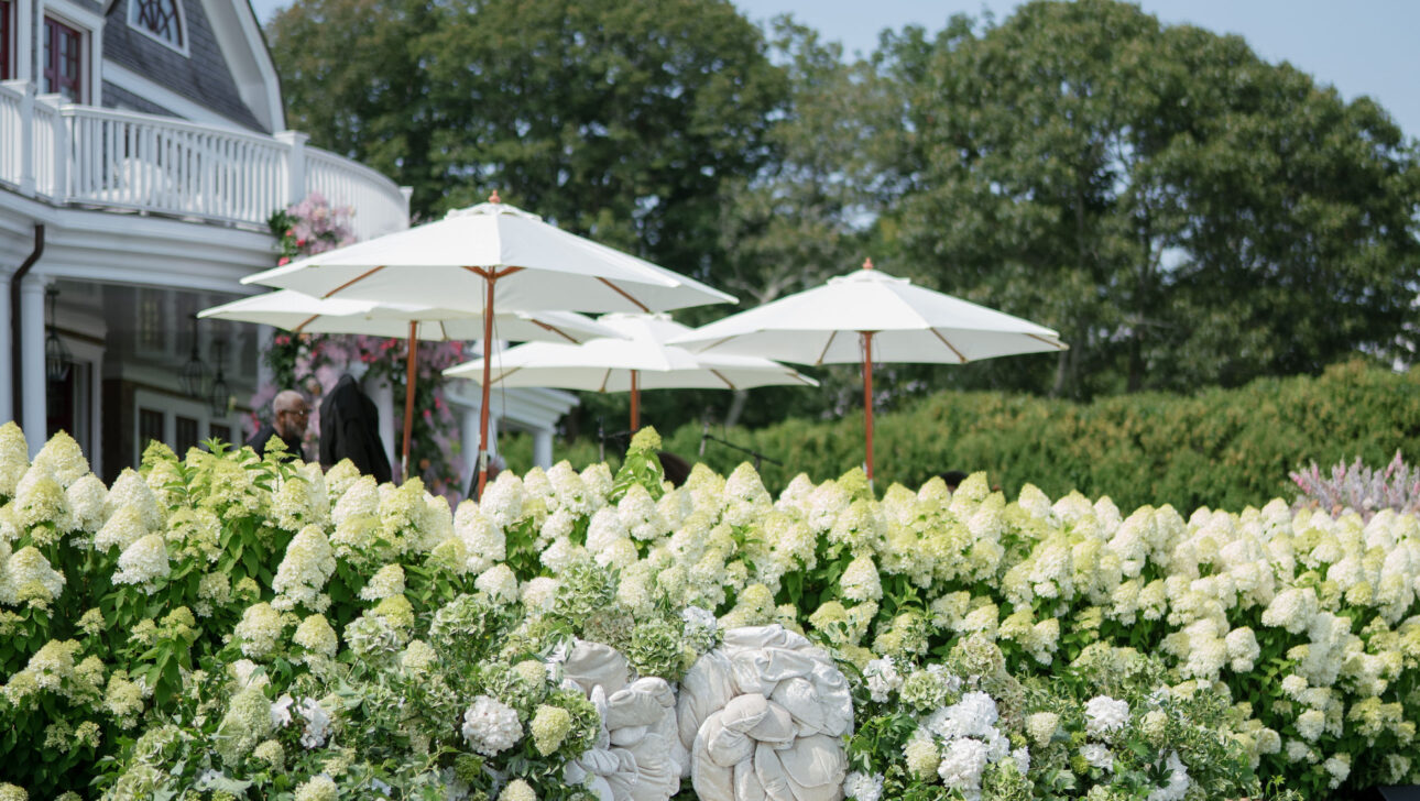 Martha's Vineyard Destination Wedding Ceremony Decor. Pink, white and purple hydrangeas. Designed by  JWennes Events.