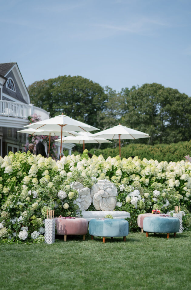 Martha's Vineyard Destination Wedding Ceremony Decor. Pink, white and purple hydrangeas. Designed by  JWennes Events.