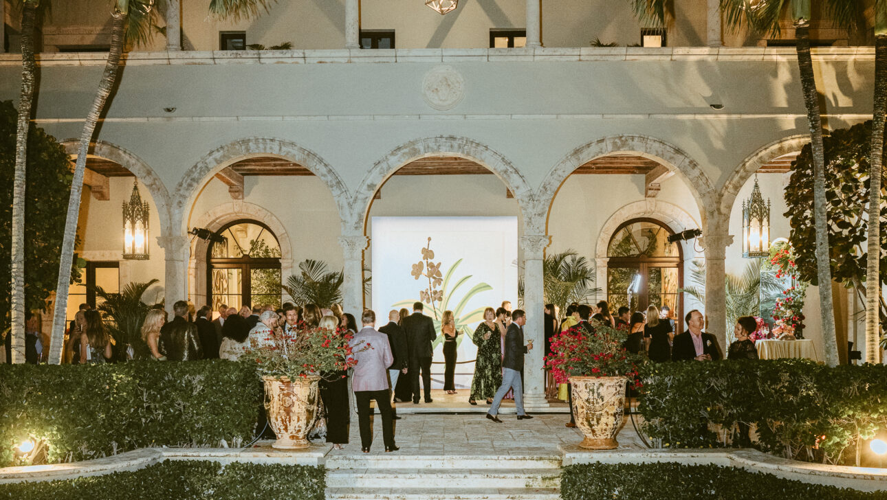 The exclusive amfAR Palm Beach Gala event with courtyard cocktail hour designed by  JWennes Events.